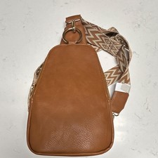 Brown Crossbody Sling Bag with Patterned Canvas Strap and Gold Hardware