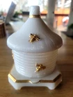 Vintage Honeybee Milk Glass Honey Pot Jar With Lid Golden Decoration Immaculate!