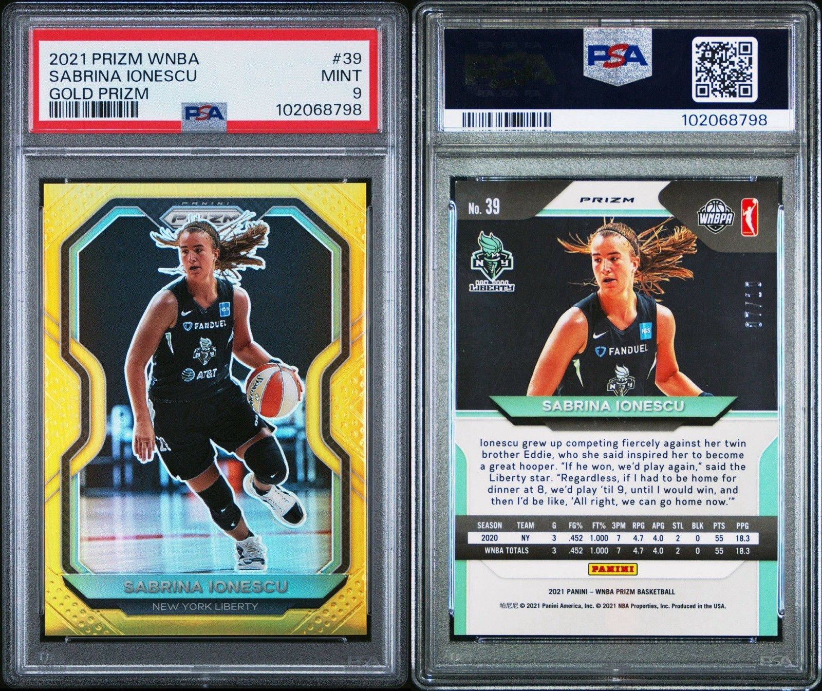 2021 Panini Prizm Sabrina Ionescu Gold Prizm 7/10 #39 NY Liberty PSA 10 POP 2 view 3