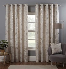 Osaka Japanese Eyelet Curtains 66” x 72” Natural Lined Metallic Velvet Trees