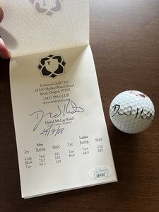 David McLay Kidd Signed Tetherow Golf Ball & Course yardage guide - JSA COA
