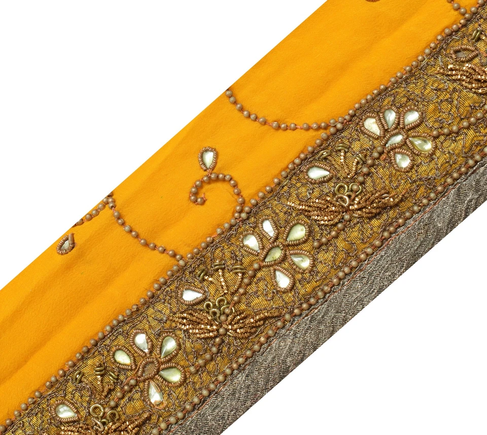 Sushila Vintage Yellow Saree Border Indian Craft Sewing Trim Hand Beaded Ribbon - Image 3 of 4
