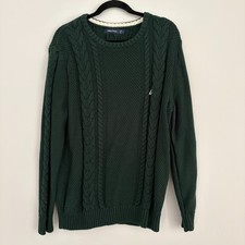 Nautica Men's Crew Neck Cable Knit Green Sweater 100 Cotton Size Large