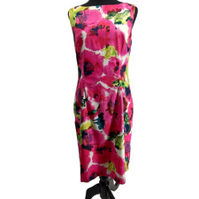 Ann Taylor Woman Pink Geometric Sheath Dress Sz 10 Lined Back Zip Back Slit FLAW