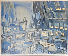 LARGE MODERNIST PAINTING CONCERT HALL ORCHESTRA INTERIOR SWEDISH ARTIST 1970.