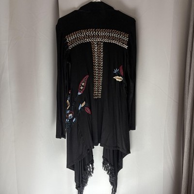 Caite Cardigan Sweater Womens Small Black Embroidered Boho Long Fringe Duster