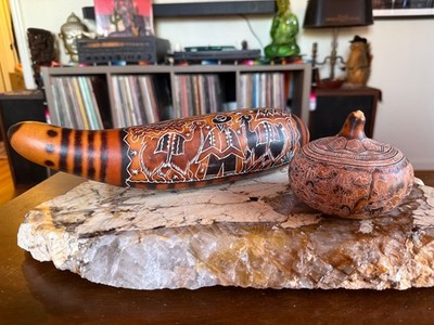 Vintage Set of 2 Folk Art Hand Carved Etched Gourd Peruvian Gourd Story Rattle