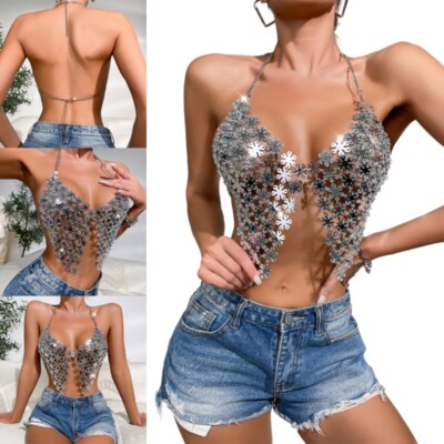 Sexy Flower Shaped Sequins Halter Chain Body Jewelry Club Party Crop Top