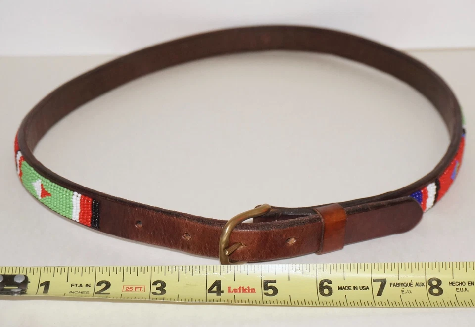 Cinturón suroeste vintage artesanal artesanal de cuero marrón y cuentas de color 34" Foto 3 de 4