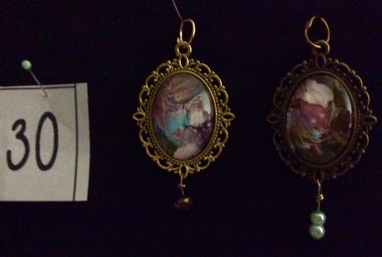 2 wearable art pendants antique finish gold & brass blue,purple,pink