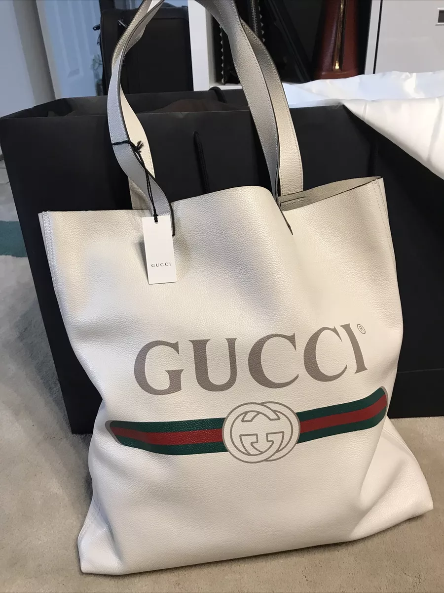 BNWT Gucci Tote Bag White Leather 572768 Vintage Logo Print Women