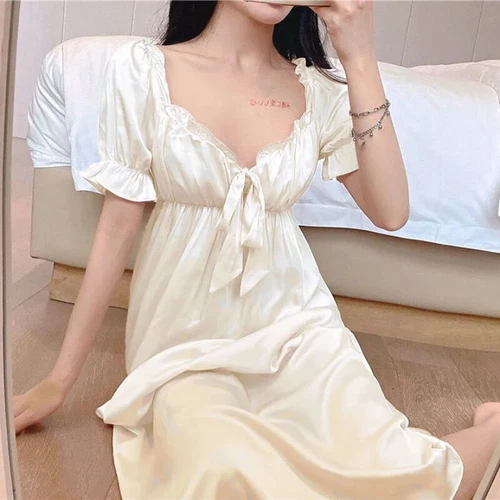 Damen Kunstseide Nachthemd Satin Nachthemd V-Ausschnitt Nachtwäsche Schleife Midikleid - Bild 17 von 23