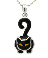 Designer SU 925 Sterling Silver Black Enamel Cat Pendant Chain Necklace