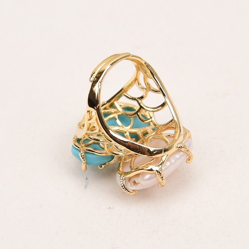 Natural Stone Blue Turquoise White Keshi Pearl Electroplated Crystal Rings - Picture 6 of 10