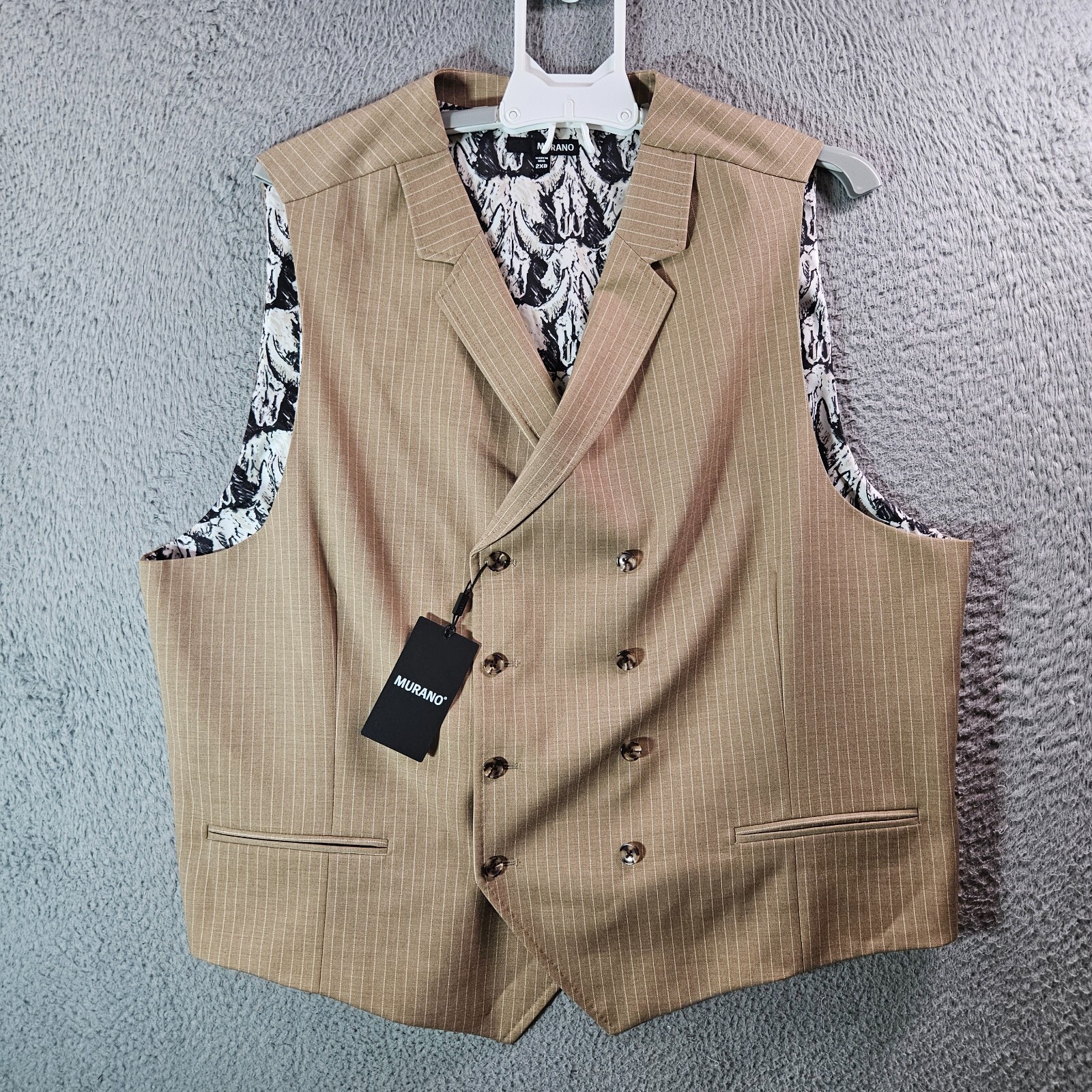 Nuevo con etiquetas Chaleco Traje Murano 2XB Doble Pecho Marrón Blanco Rayas Formal