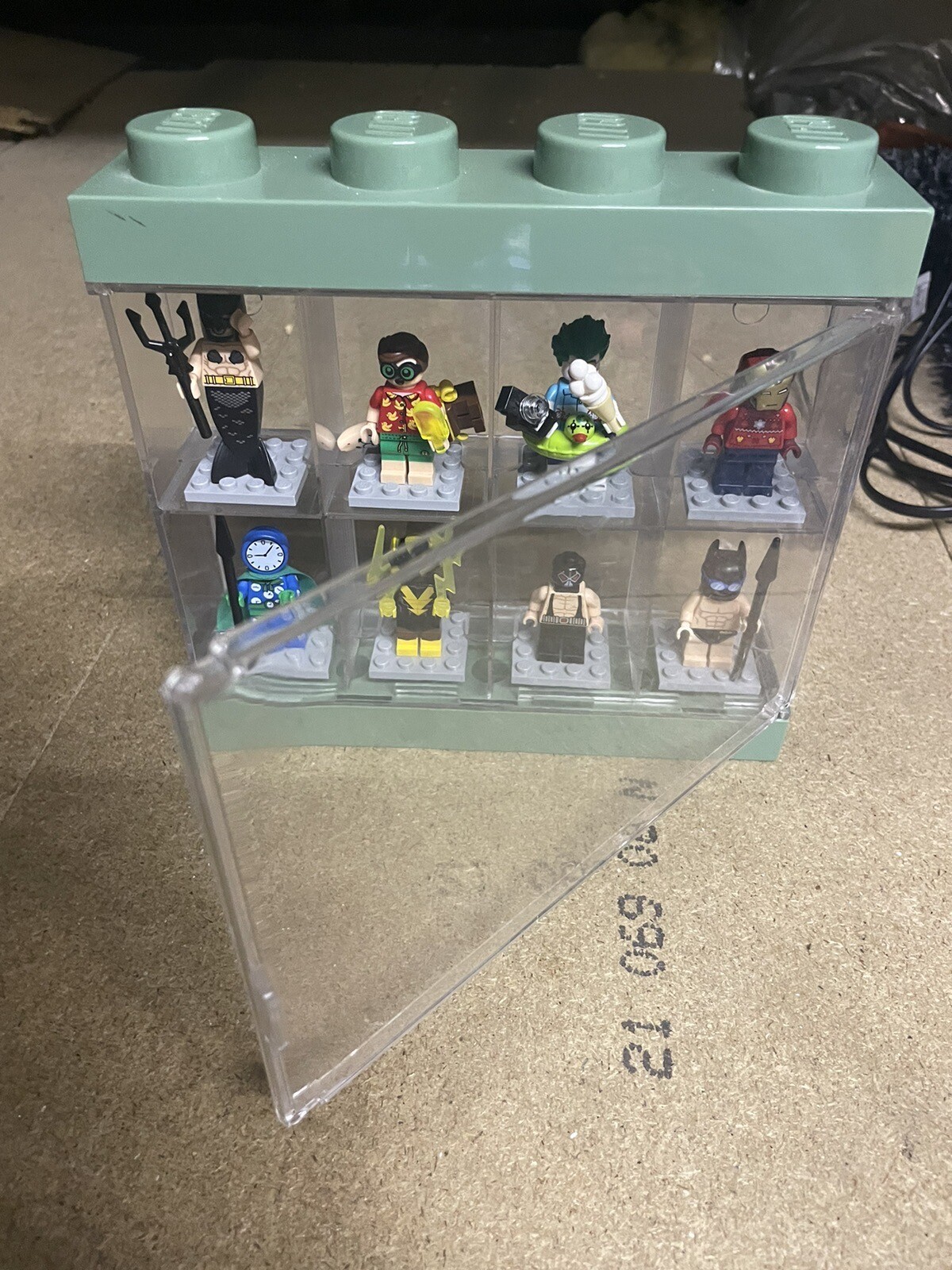 Lego Minifigures Green Display Case & Figures & 2 Books of Lego Cards
