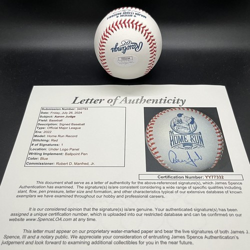 Aaron Judge 62 Home Run Autographed Baseball New York Yankees (JSA LOA) - Picture 2 of 2