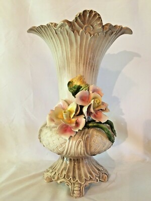 Vintage Nuova Capodimonte White with Pink touch Roses Vase-14.5'H