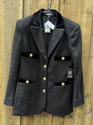 EXPRESS Tweed NOTCHED LAPEL GOLD NOVELTY BUTTON BLACK BLAZER JACKET COAT S New