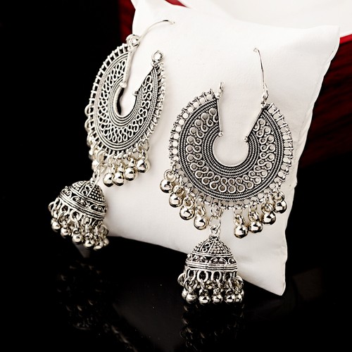Moda Mujeres India Jhumki Cuentas de Plata Adorno Estilo Sudeste Asiático - Imagen 11 de 12