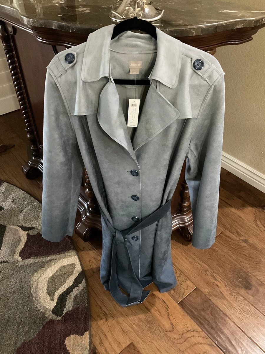MWT Chico s Ombre FAUX SUEDE Trench Coat Blue with Belt One Size