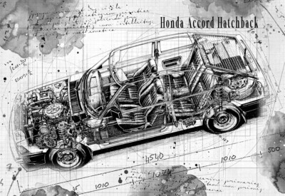Line Tech Zeichnung Honda Accord Schrägheck Cutaway Kunst Poster Druck