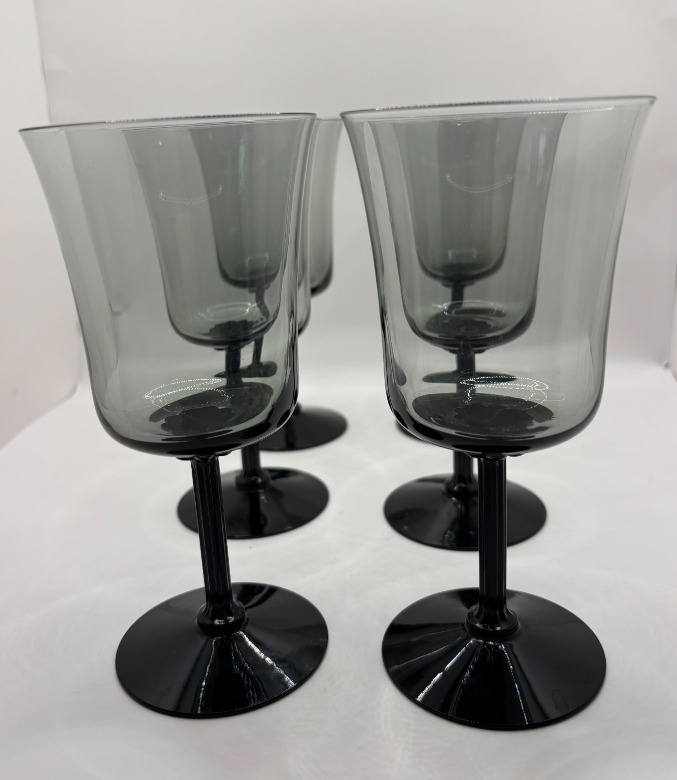 Fostoria Princess Gray Crystal Water Goblets Set of 6 Black Stem Vintage Glasses