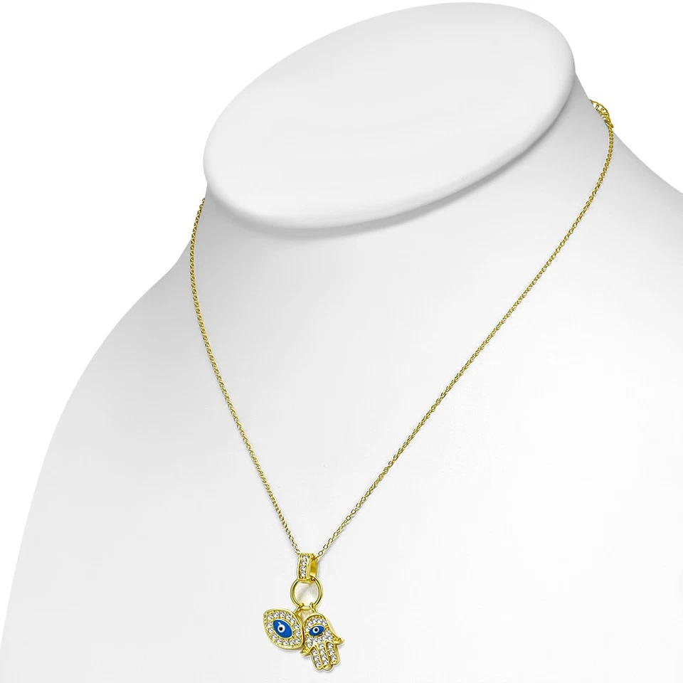 Colar pingente feminino prata esterlina 925 olho mau Hamsa azul branco CZ - Imagem 2 de 4