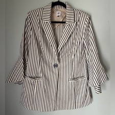Cabi Navy Ivory Striped Bell Sleeve Blazer Size 6 Cotton Stretch Jacket