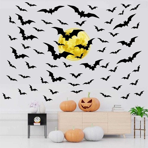 Halloween Moon Bat Wall Vinyl Removable Wall Stickers Party Decor - Picture 8 of 9