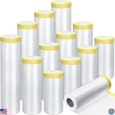 12 Rolls Clear Plastic Sheeting - Pre-Taped Masking Film for Auto Painting, 3
