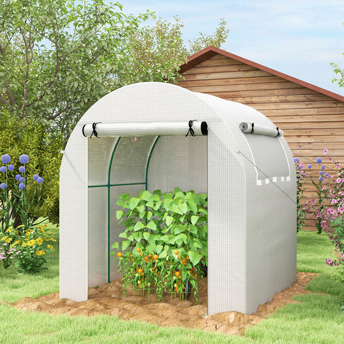 Outsunny Walk in Polytunnel Greenhouse with Roll-up Window and Door - White