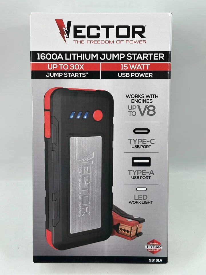 1600 Peak Amp Automotive Lithium Jump Starter, Portable Power - 15W USB-A & USB