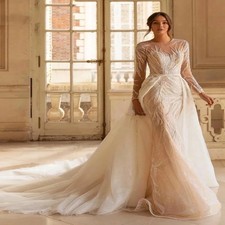 Customized Modest Sparkly Sequins Beads Wedding Gown Detachable Train