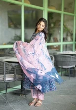 GoSriKi Women's Cotton Blend Anarkali Printed Kurta with Pant & Dupatta (NINA...