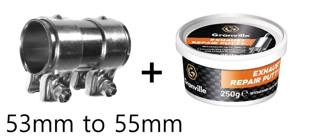 Exhaust Pipe Connector Joiner Clamp Adjustable 53-55mm Fix Sleeve Repair + Putty