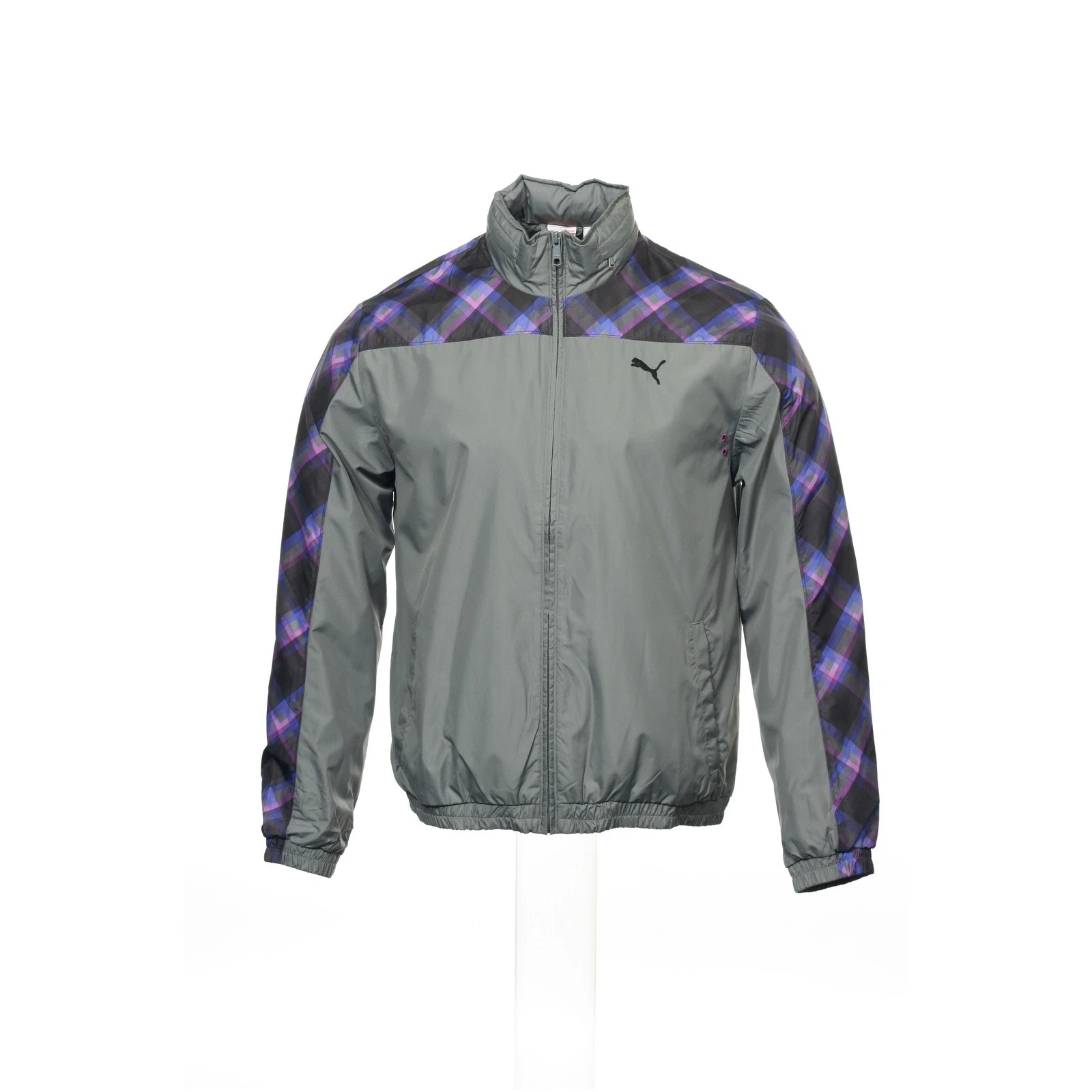 Puma Mens Windbreaker L Steel Gray Plaid Polyester Full Zip Athletic Jacket