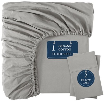 100% Organic Cotton Fitted Sheet Full Size, 3Pc Set (1 Fitted Sheet, 2 Pillow...