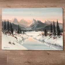 Original R. Schneider Signed Oil Painting, Snow River, 1950s-1980s, Unframed