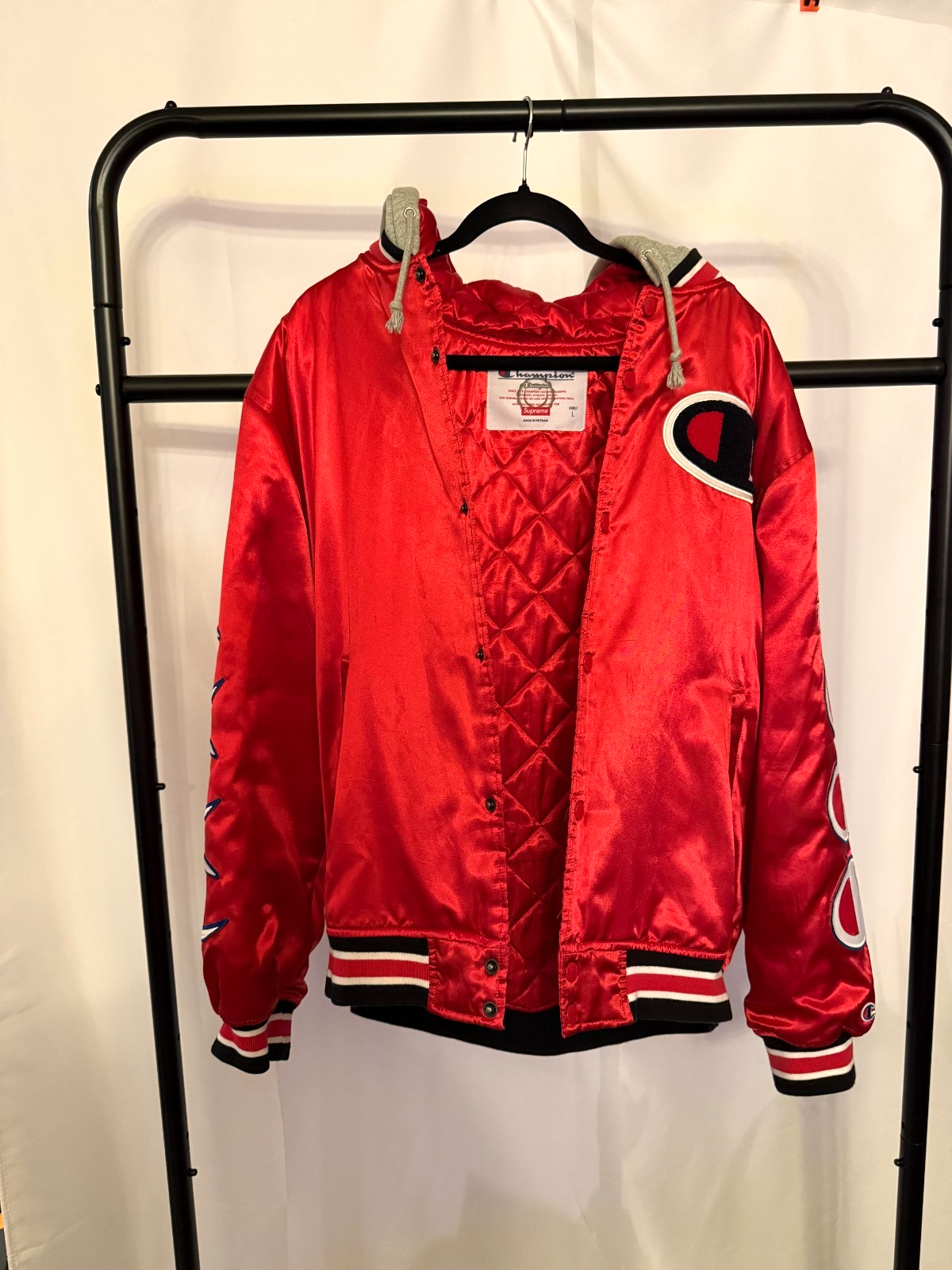 Supreme x Champion Red Satin Varsity Jacket Adult Size Large FW18
