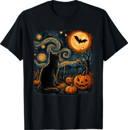 Halloween Black Cat Van Gogh Starry Night Tees T-Shirts Cat Lovers Gift - product listing photo