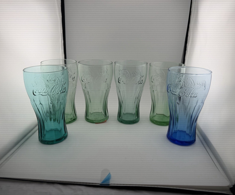 Coca-Cola Embossed Tumbler Glasses Set of 6 Green & Blue Soda Theme