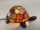 Vintage Brass Bronze Tiffany Style Turtle Accent Lamp Night Light Stained Glass