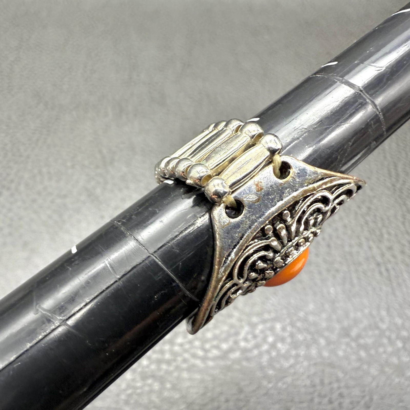 Silver Tone Statement Ring Adjustable Wide Stretch Band Boho Orange Cabochon