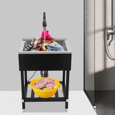 Single Bowl Laundry Sink with Stand, Sink with Pull-Out Faucet, Stainless Steel
