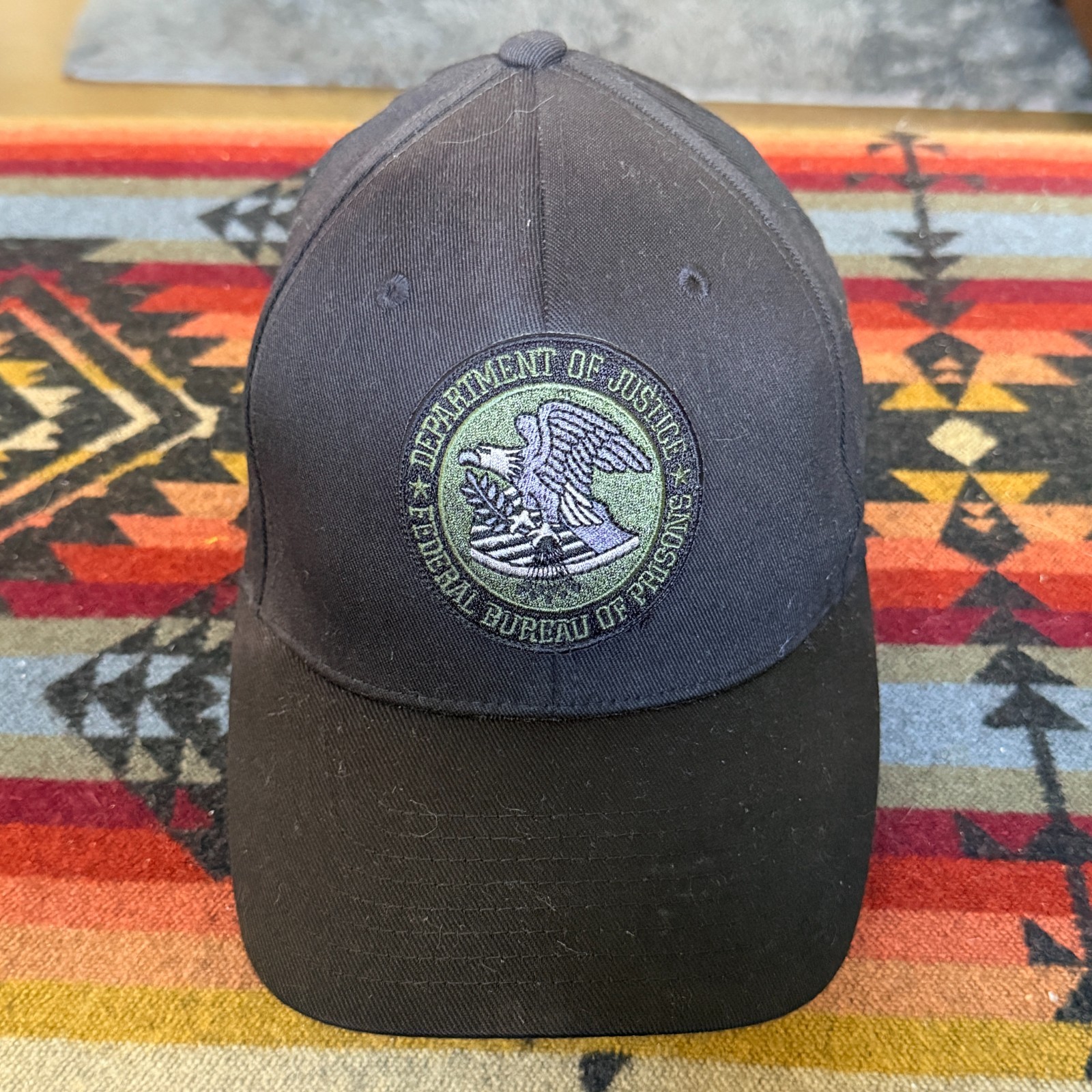Vintage DoJ Dept of Justice Eagle Crest Black Flex Fix Fitted Baseball Hat Cap
