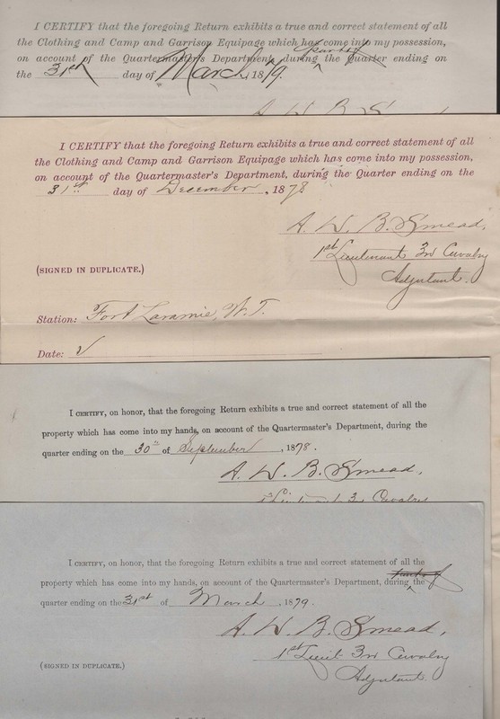 1878, Fort Laramie, Lt. Alexander Smead, 4 Quarterly reports signed, +++pages