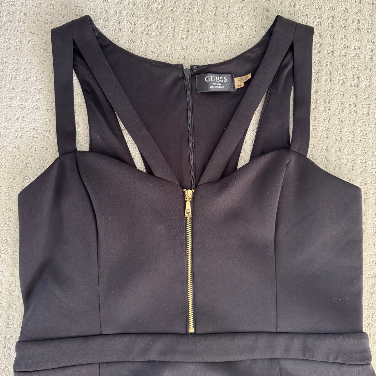 guess black dress gold zipper Guess Brooke Body con Gold Zipper Back Mesh Detail Black Short Dress Size  4