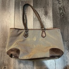 Prada Tote Bag Canvas Leather Beige Brown Sil...