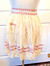 Vtg. Semi See-thru Beige Half Apron w/Embroidered Trim on Waist, Hem Pocket